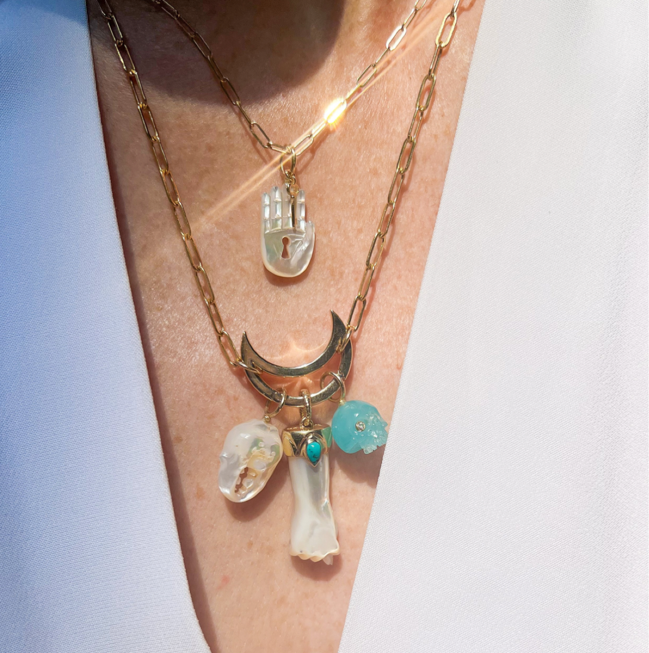 White Mother of Pearl and Turquoise Mano Figa